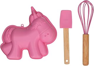 Wilton Baking Kit Unicorn Baking Set 3 Pieces: Silicone Cake Mould 3D Unicorns with Whisk and Dough Scraper, Children's Baking Mould for Cake Baking, Reusable - Set/3