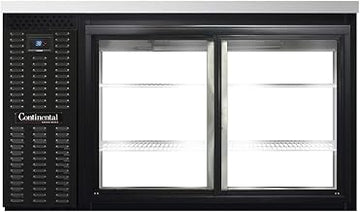 BBC59-SGD-PT Two Section Sliding Glass Door Refrigerated Pass-Thru Back Bar Cooler, 59" W x 34-3/4"H, Black Exterior