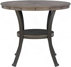 Furnifact Ash Veneer Round Pub Table with Curved Flared Metal Legs, Counter Height Gathering Table for Kitchen Dining or Bar Areas, Pewter