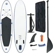 vidaXL Inflatable Stand Up Paddle Board Set with Oar, Removable Fin, Hand Pump, and Carrying Bag - SUP Surfboard for Recreational Paddling and Small Wave Riding - Blue and White