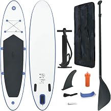 vidaXL Inflatable Stand Up Paddle Board Set with Oar, Removable Fin, Hand Pump, and Carrying Bag - SUP Surfboard for Recreational Paddling and Small Wave Riding - Blue and White