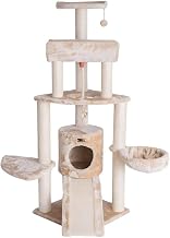 Faux Fur Wood Cat Tower with Basket Lounge and Ramp, Sisal Rope, Perch, Condo, Multi-Level Kitty Tree for Cats and Kittens