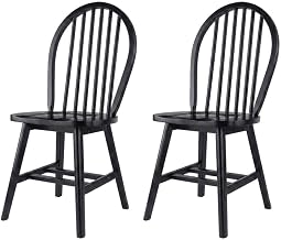 Furnifact Solid Wood Armchair with Windsor-Style Back, Set of 2 Wooden Dining Chairs for Kitchen Table or Farmhouse Dining Room, Black
