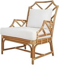 Furnifact Rattan Armchair with Chinese Chippendale Shield Back, Removable Cushion Accent Chair for Living Room and Bedroom