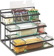 Cal Mil 3603-13 3-Step Black Coffee Condiment Station with 9 Glass Jars - 16 x 14.75D13.5 in.