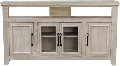 60.5" Wide Pine Solids & MDF Rectangular TV Stand with Glass Cabinets in White Wash by Origins by Alpine