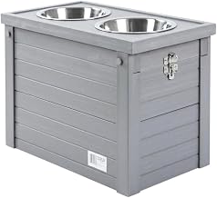 Grey Engineered Wood Composite Piedmont 2-Bowl Diner with Sliding Lid Storage Bin for Pets, Extra Large, Durable Engineered Wood Composite, Stainless Steel Material, Easy Wipe Care