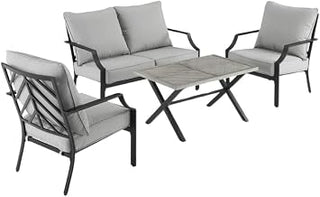 Black Metal Frame Patio Furniture 4 Piece Set with Gray Cushions, Modern Outdoor Seating with Loveseat, Two Chairs, Coffee Table