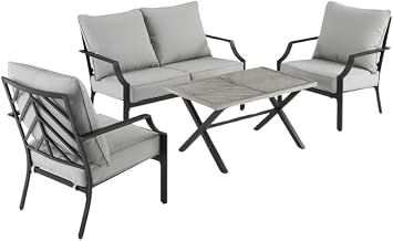 Black Metal Frame Patio Furniture 4 Piece Set with Gray Cushions, Modern Outdoor Seating with Loveseat, Two Chairs, Coffee Table