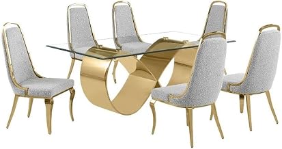 78" x 42" Clear Glass Dining Set w Boucle Fabric Chairs