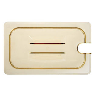 40HPCHN150 H-Pan Amber 1/4 Size Notched Food Pan Cover w/Handle by Cambro – High Heat Plastic, Amber, Model 40HPCHN-150