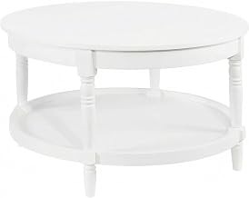 Furnifact White Round Coffee Table with Shelf Rubberwood Legs MDF Top No Tools Assembly Elegant French Country Manor Style Durable for Living Room