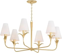 Troy Lighting Quill 6-Light Chandelier | Gilded Ivory Finish | White Linen Shades | Botanical-Inspired Ceiling Light | Curved Armatures and Leaf Details | 40" W x 20.25" H | F4740-GLI