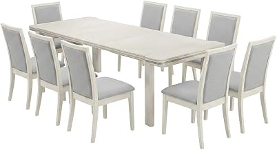 Furnifact Acacia Wood Extendable Dining Table 13 Piece Set, Modern Farmhouse Kitchen Table and Chairs Dining Room Set, Antique White