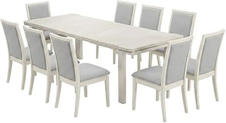 Furnifact Acacia Wood Extendable Dining Table 13 Piece Set, Modern Farmhouse Kitchen Table and Chairs Dining Room Set, Antique White