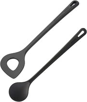 Westmark Gentle-Plus 288722E9 Pointed Hole Spoon + Stirring/Cooking Spoon Set of 2, High Heat Resistant up to 270 °C, Plastic, Black