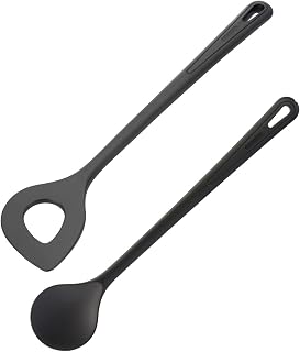 Westmark Gentle-Plus 288722E9 Pointed Hole Spoon + Stirring/Cooking Spoon Set of 2, High Heat Resistant up to 270 °C, Plastic, Black