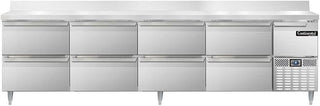 DLRA118-SS-BS-D Designer Line Refrigerated Base Worktop Unit, 118" W, Full Stainless, Backsplash & Eight Drawers