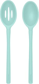 Tovolo Flex-Core Silicone Slotted and Solid Deep Spoon Set of 2, Dishwasher Safe BPA-Free Kitchen Utensils Heat Resistant Nonstick Safe Cooking Spoons, Aqua Seafoam Green