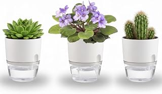 3.2 Inch Self Watering Planters 3 Pack Plastic Wicking Pots White