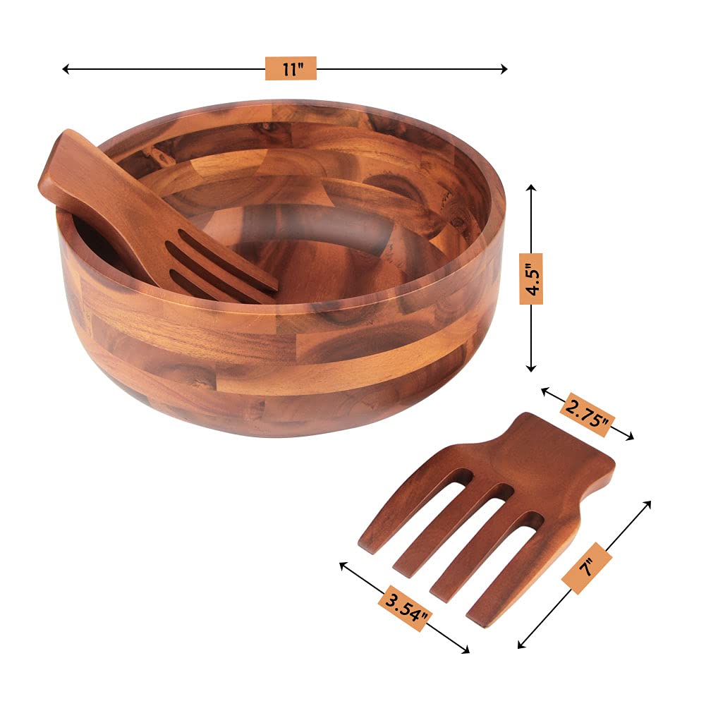 AIDEA Acacia Wood Serving Bowl, 11 Inch Diameter with Utensils, Brown