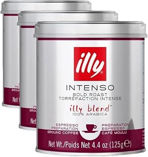 illy Intenso Espresso Ground Coffee, Dark Roast, Robust and Full Flavored With Notes of Deep Cocoa, All-Natural, No Preservatives, 4.4oz (Pack of 3)