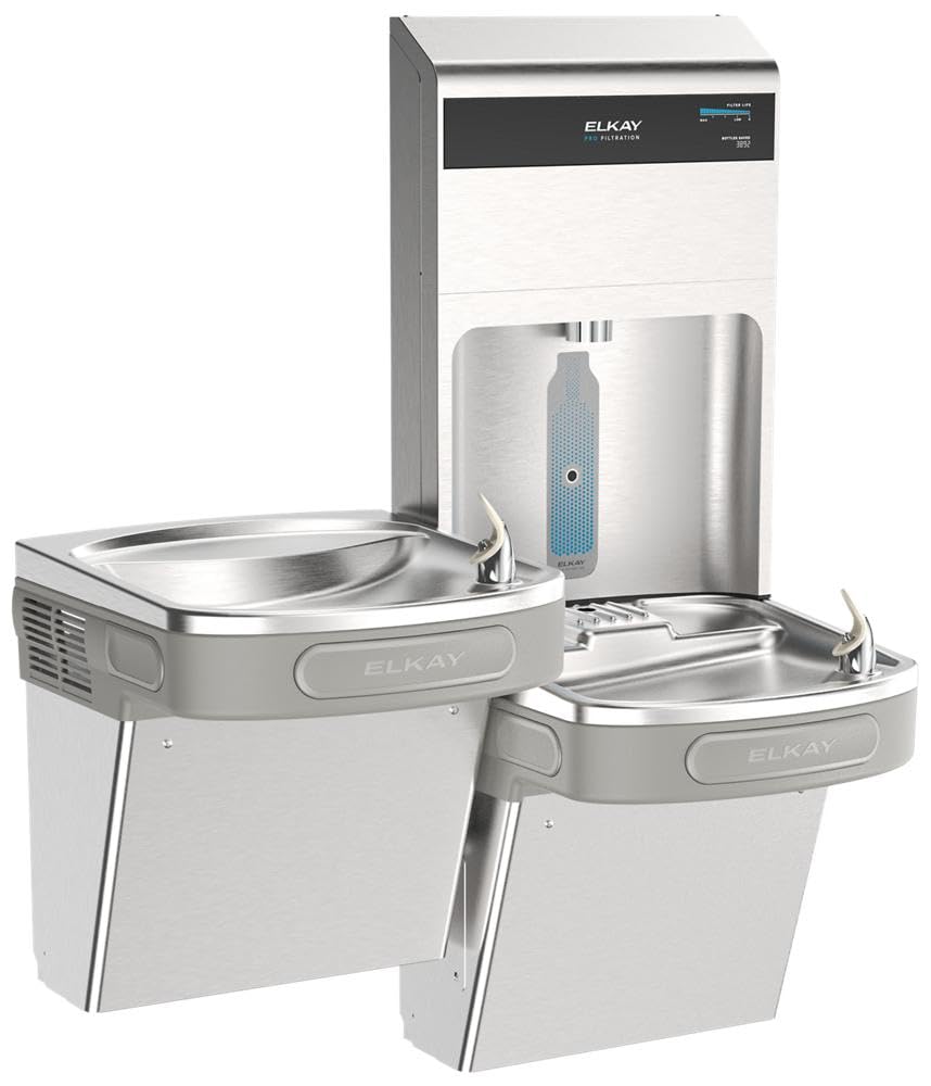Pro Bottle Filling Station & Bi-Level ADA Cooler by Elkay – 4000 gallons, Stainless Steel, Model LZSTL8WSSPRO-FLP4-FSR5
