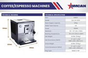 Programmable Espresso Machine with Milk Frother for Cappuccino and hot water for Americano. 10 Languages by Omcan – medium Net Dimensions (WDH):11” x 16.7” x 13.8”, Model 44602