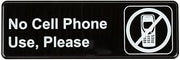 Royal Industries No Cell Phone Use Please Sign, Plastic, 3" high x 9" wide, Black Sign with White Letters and Graphic.