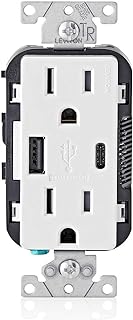 Leviton Type A & Type-C USB In-Wall Charger with 15A Tamper-Resistant Outlet, USB Charger for Smartphones and Tablets, Not for Laptops, T5633-W, White