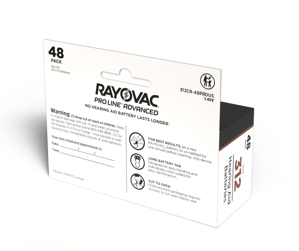 Proline Mercury-Free Hearing Aid Batteries Size 312 (48) by Rayovac – 48 Count (Pack of 1), Brown Tab, Pack of 40, Model IM312A-4ZM