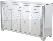 Clear 60-Inch Silver Crystal Mirrored Credenza with Elegant Storage, Modern Design, Durable Construction, and Stylish White Finish
