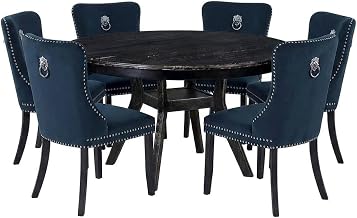 Furnifact Solid Wood 7 Piece Set Round Dining Furniture, Dining Table with Chairs Round Kitchen Table for Dining Room, Navy Blue