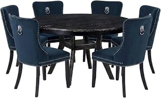 Furnifact Solid Wood 7 Piece Set Round Dining Furniture, Dining Table with Chairs Round Kitchen Table for Dining Room, Navy Blue