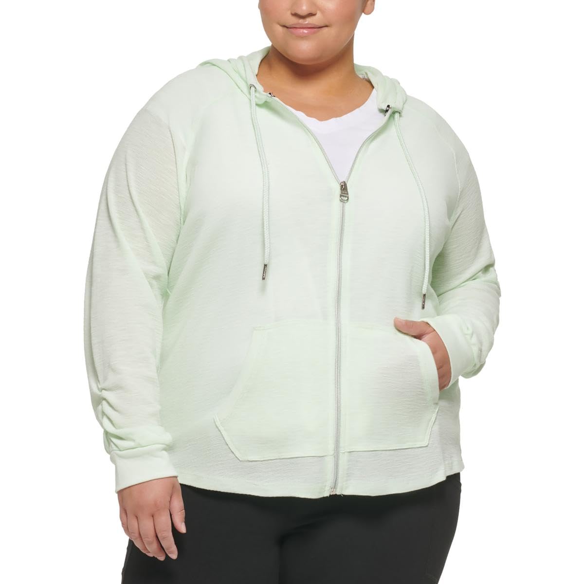 Performance Plus Size Ruched Sleeve Zip Hoodie Refresh 1X by Calvin Klein – Cotton, Refresh, Model PF2X4579