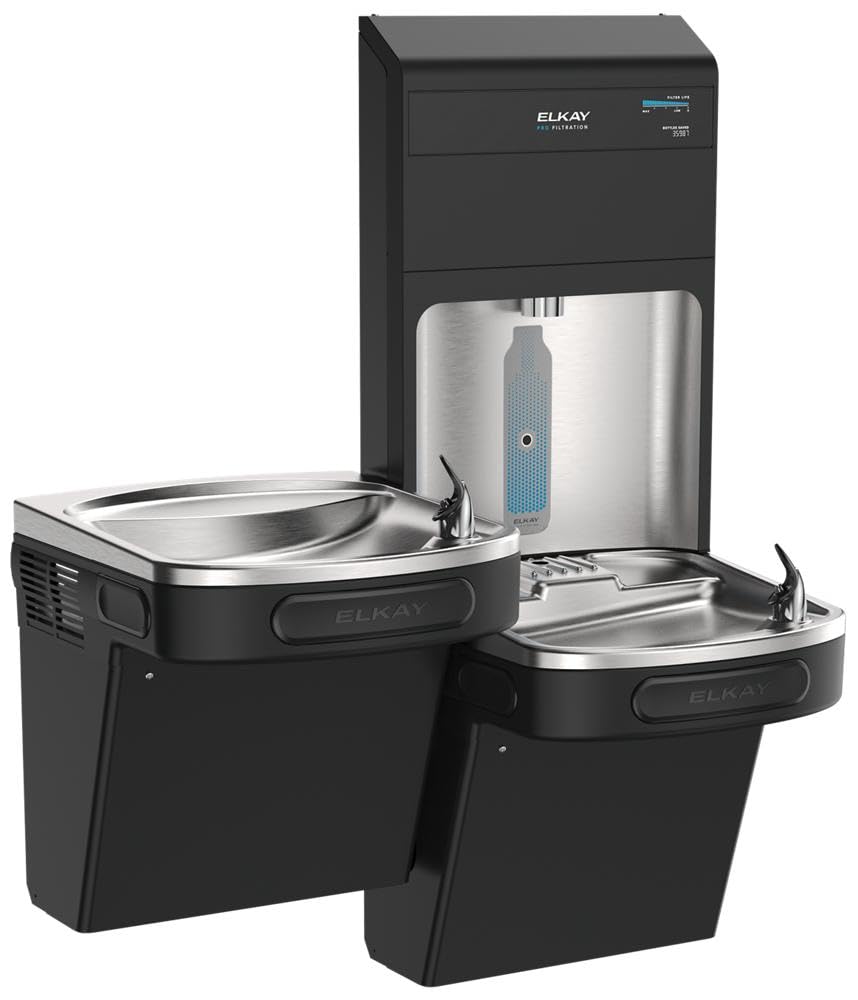 Pro Bottle Filling Station & Bi-Level ADA Cooler by Elkay – Black Stainless, Model LZSTL8WSBPRO-FLP4-FSR5