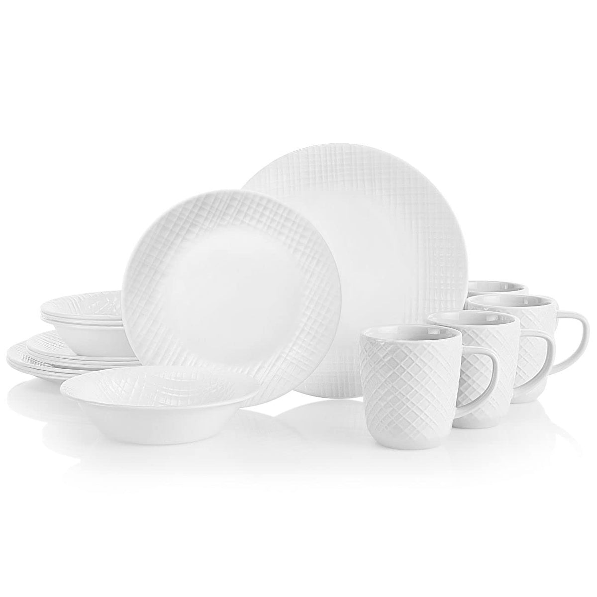 Linen Weave Embossed 16-Piece Dinnerware Set by Corelle – ‎28.5 x 14 x 27 cm; 362.87 Grams, Glass, White, Model 3012