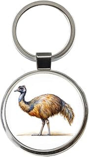 Emu Standing Watercolor Round Metal Keychain
