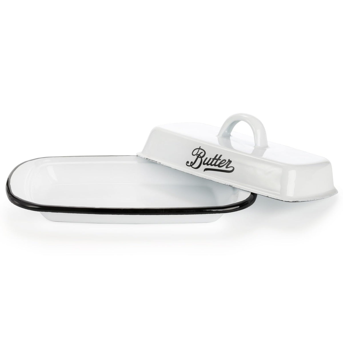 Suwimut Enamel Butter Keeper, White with Black Trim, 7.7 x 4.3 x 2.6 Inches