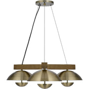 Lighting Lakeland 15W X 3 Intergrated Dimmable Led Metal/Rubber Wood Pendant Light with Half Domed Metal Shade by Cal – Metal, Antique Brass/Wood, Model FX-3801-3C