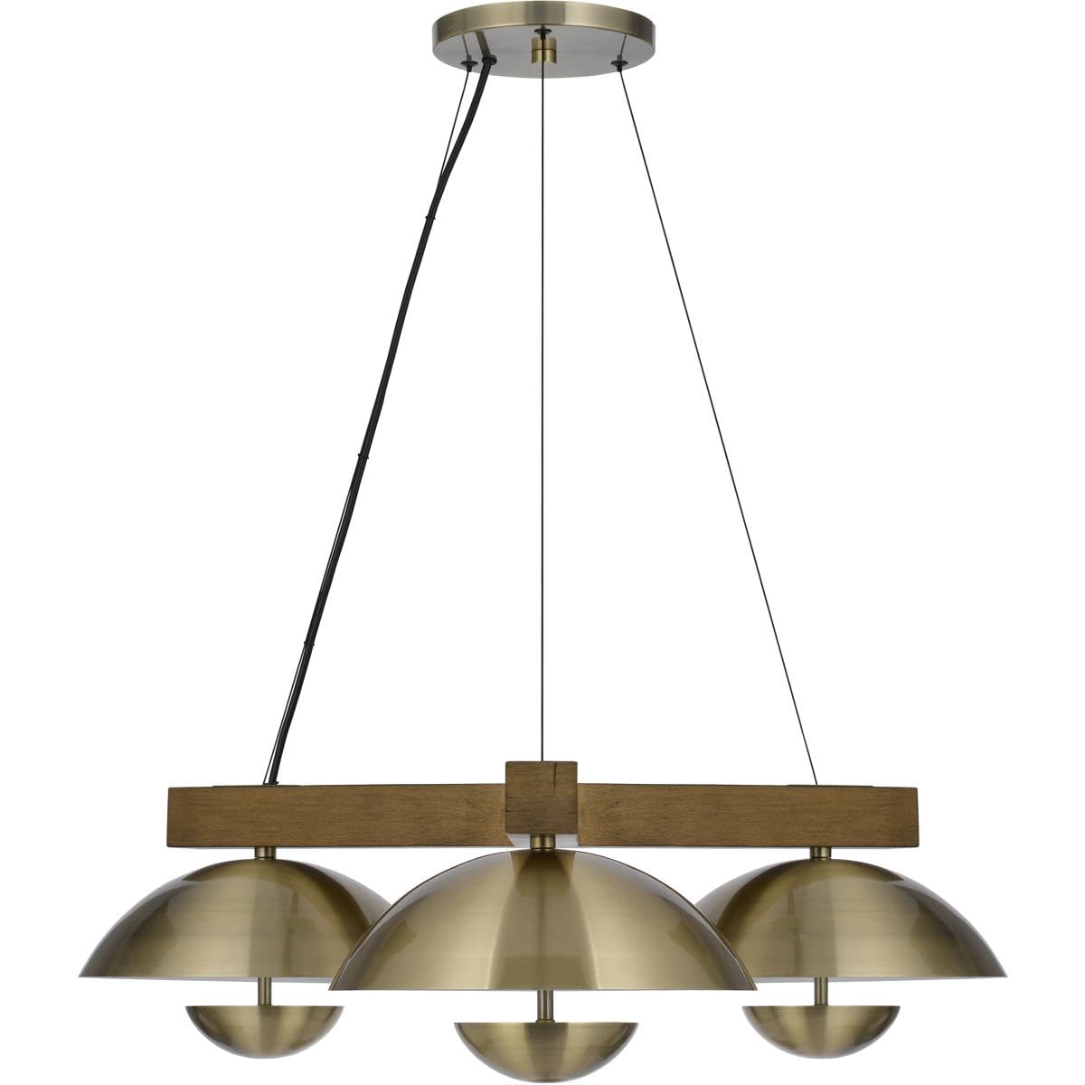 Lighting Lakeland 15W X 3 Intergrated Dimmable Led Metal/Rubber Wood Pendant Light with Half Domed Metal Shade by Cal – Metal, Antique Brass/Wood, Model FX-3801-3C