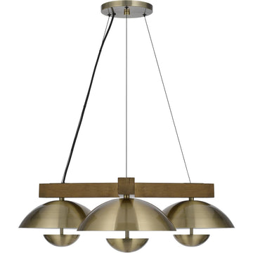 Lighting Lakeland 15W X 3 Intergrated Dimmable Led Metal/Rubber Wood Pendant Light with Half Domed Metal Shade by Cal – Metal, Antique Brass/Wood, Model FX-3801-3C