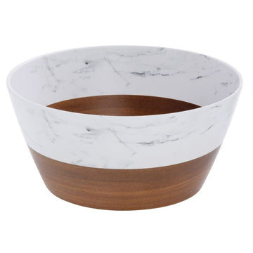 Serving Bowl Wood and Marble Look Melamine - 9"Dia x 4 1/4"H by HUBERT – Melamine, White, Model H0193-DK WD/MAR