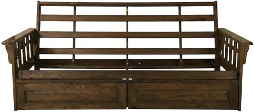 Kodiak Furniture Tucson Solid Wood Futon Frame with Storage Drawers, Queen Sofa Bed Frame for Living Room or Guest Bedroom, Rustic Walnut