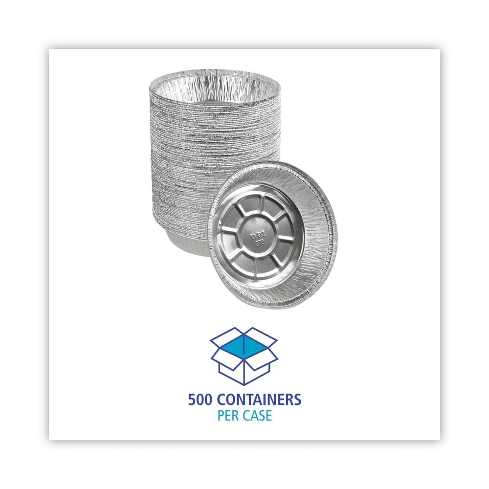 7 in. x 1.46 in. 24 oz. Round Aluminum to-Go Containers - Silver (500/Carton) by Boardwalk – 7 inches in diameter x 1.46 inches in height, 24.0 ounces, Aluminum, Model BWKROUND7