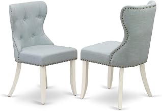 Furnifact Linen-Upholstered Parsons Dining Chairs Set of 2, Button-Tufted High Back Kitchen Chairs with Nail Head for Dining Room, Baby Blue