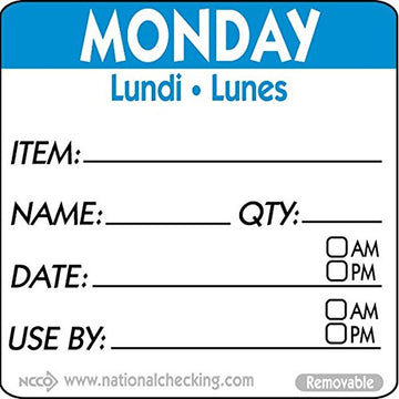 National Checking Company DateIt Square Monday Lundi Lunes Day of the Week Dissolvable Printed Removable Label Blue | 500/Roll by NCCO – Blue, Pack of 500, Model RIDU2201R