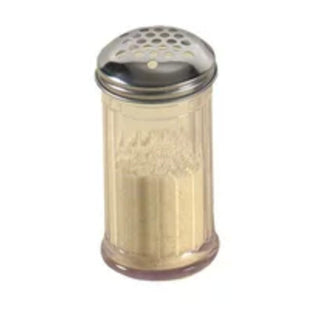 Plastic Shaker - 12 oz Capacity - Clear SAN Plastic Body With Stainless Steel Perforated Top - Extra Large ¼” Holes - 5-3/8 in H X 3 in Diameter -Dishwasher Safe by American