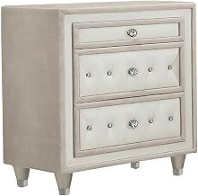 Furnifact Brown Upholstered 3-Drawer Nightstand, Polyester Fabric, Modern Classics Design, Crystal Finish, Champagne Wood Legs, Tipover Restraint Included