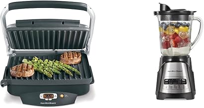Hamilton Beach Steak Lover's Electric Indoor Searing Grill, Nonstick 100 Square, Stainless Steel (25331), Black & Power Elite Wave Action Blender-for Shakes and Smoothies, Puree